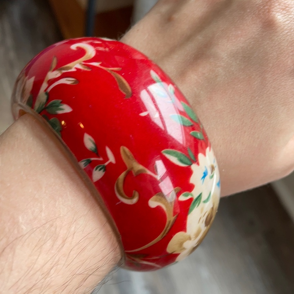 Red and Floral Chunky Bangle Bracelet